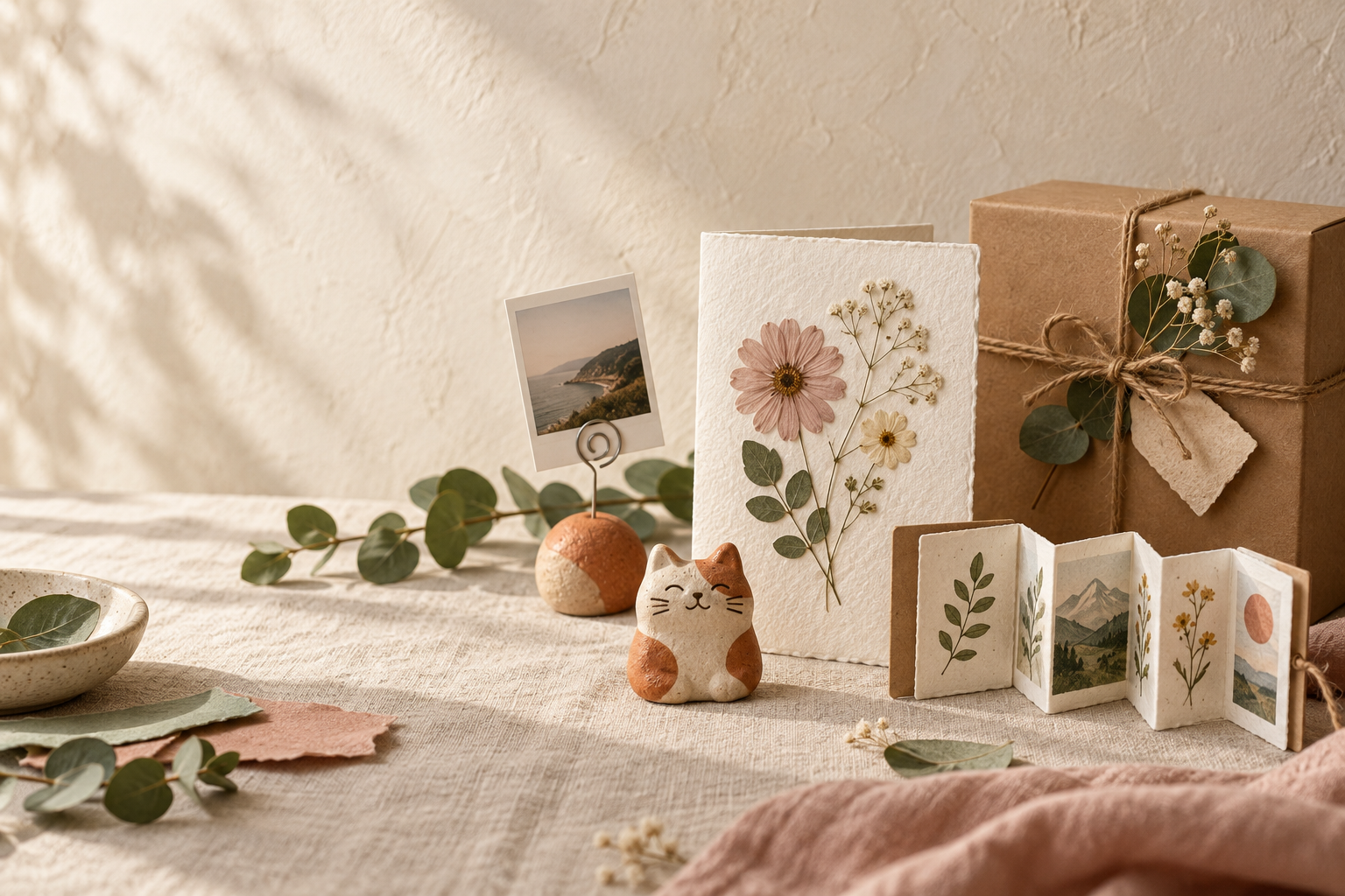 An artful arrangement of handmade paper keepsakes and small clay creations